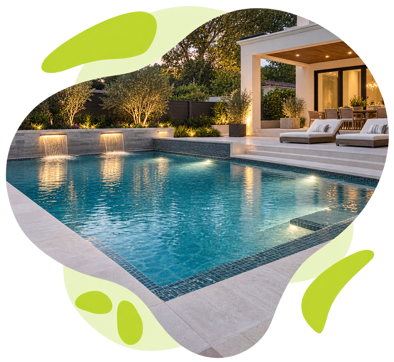 A newly renovated pool at a Northern Virginia home, with elegant coping, lighting, and poolside decor.